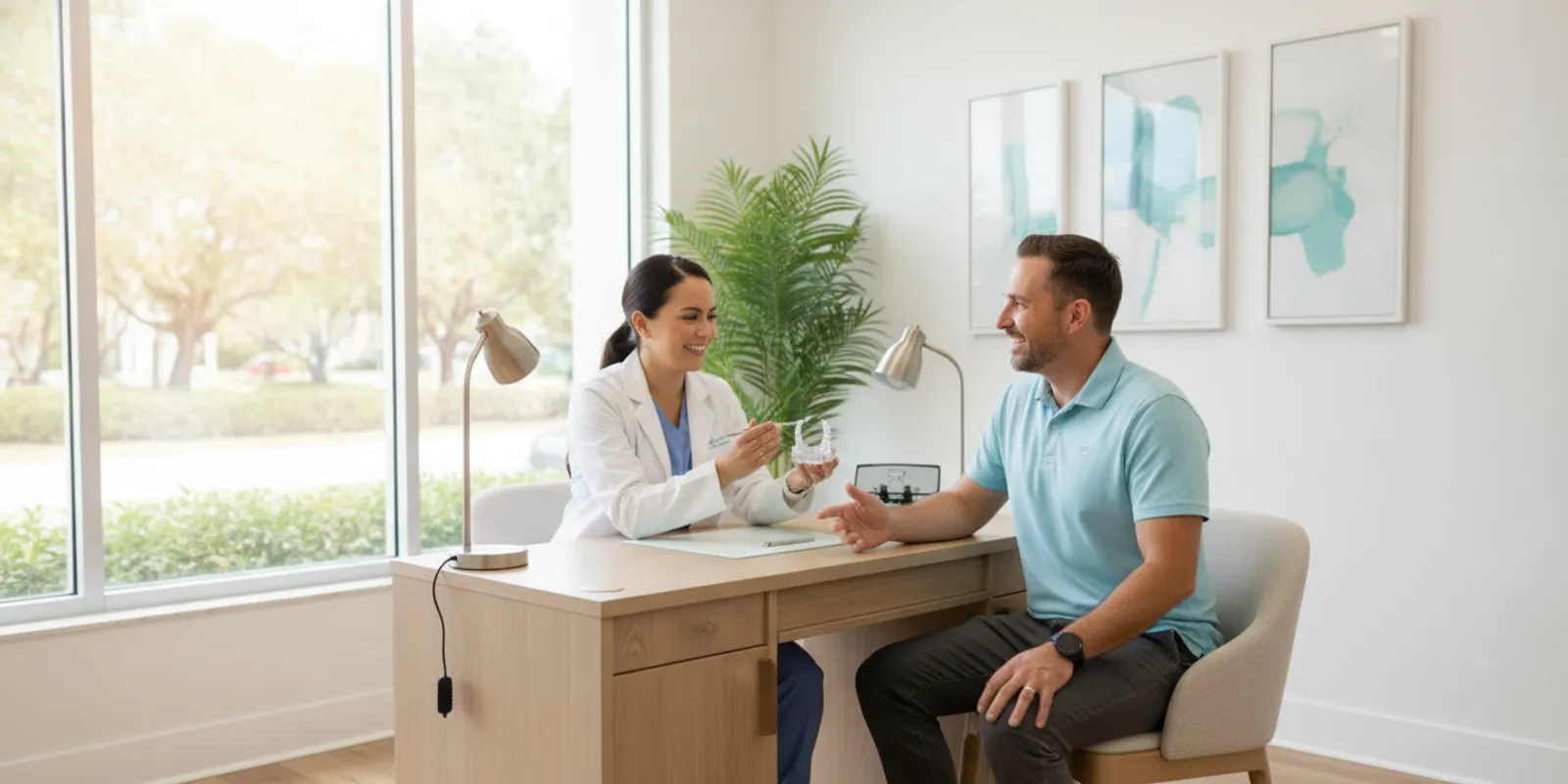 Adult discussing orthodontic options with an orthodontist in a bright consultation room