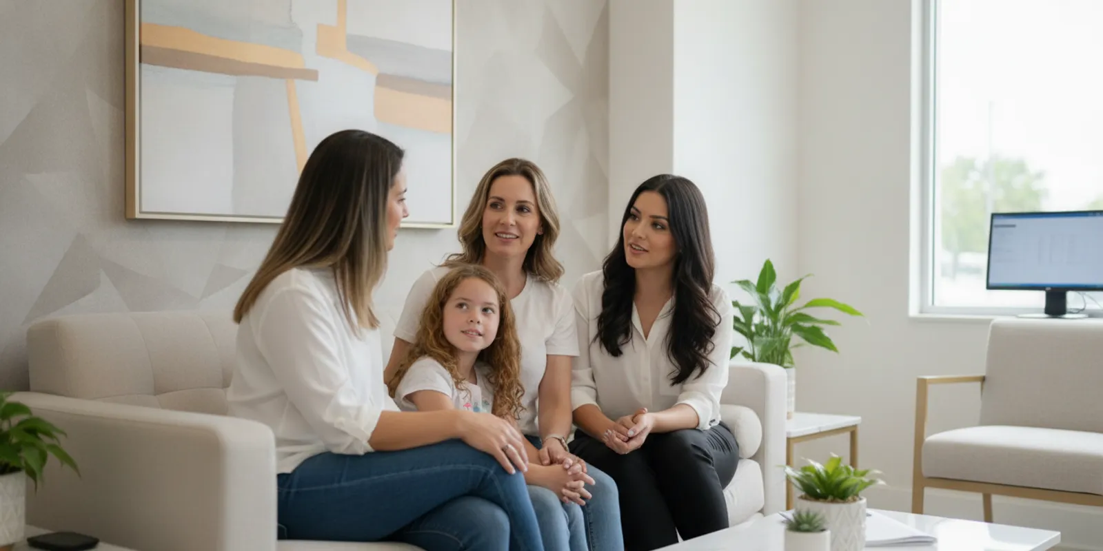 Parent speaking with an orthodontist while a child smiles in a bright consultation room