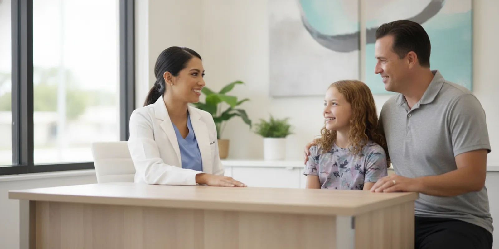 Parent and child speaking with an orthodontic professional in a bright, welcoming office