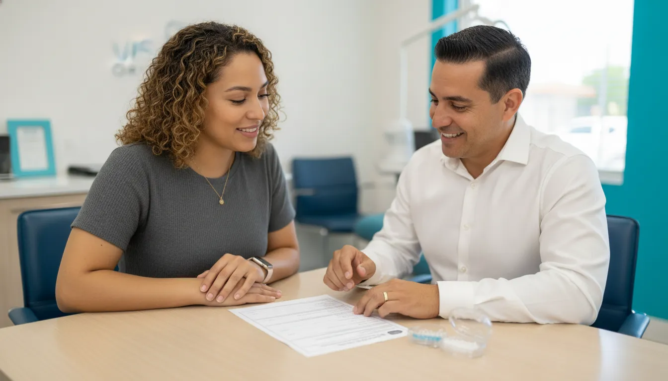 Patient and orthodontic coordinator reviewing a clear aligner payment plan in a modern office