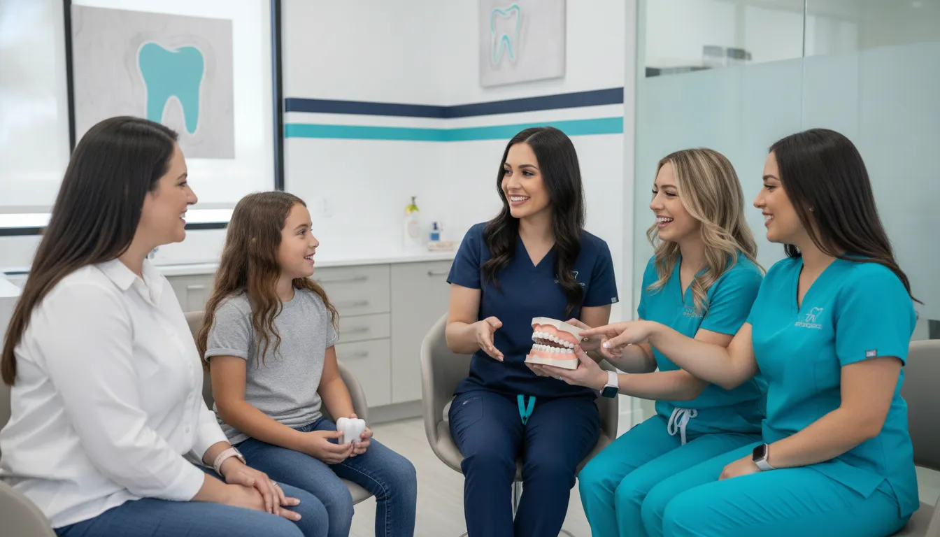 Family discussing children's orthodontic care with an orthodontic team in South Florida