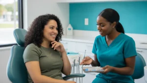 Patient discussing a personalized teeth whitening consultation in a modern orthodontic office