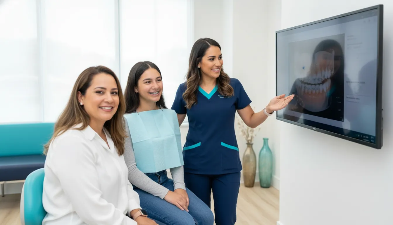 Orthodontist discussing braces options with a teen patient in a modern South Florida office